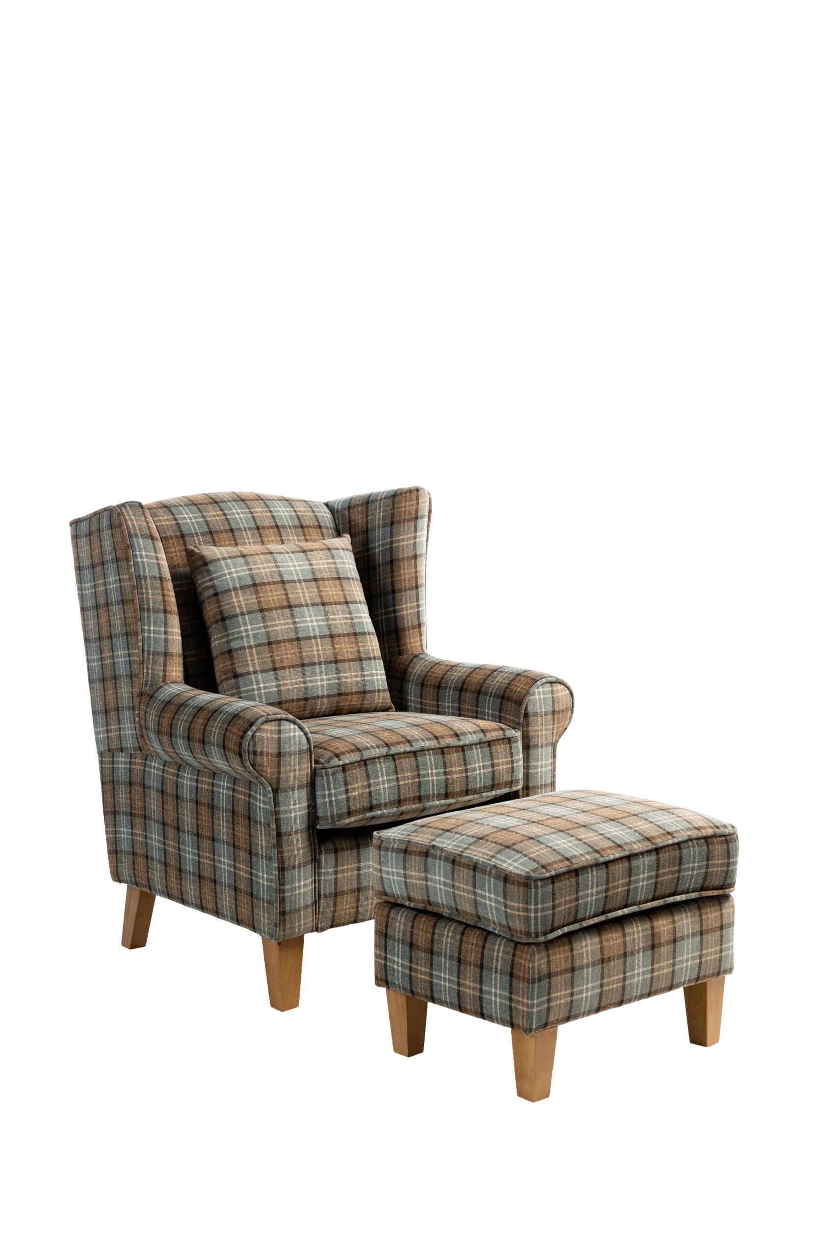 Motcomb Armchair and Footstool with Scatter Cushion